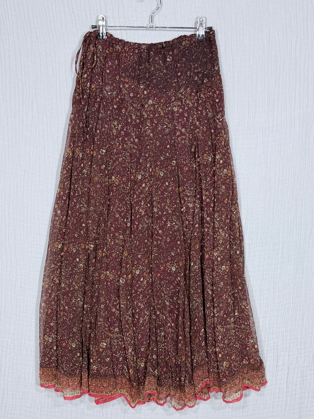 🌻 Lucky Brand Floral Boho Maxi Skirt Burgundy Rayon Size S - Picture 3 of 7